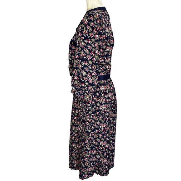 Vintage 80s Floral Belted Midi Dress Navy Pink Long Sleeve Sz 14 - Picture 3 of 11